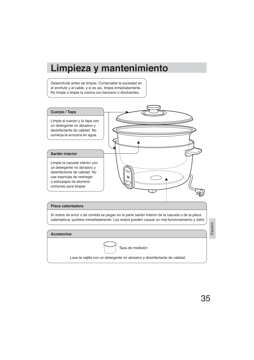 Panasonic SR-GA721 manuel dutilisation Limpieza y mantenimiento, Cuerpo / Tapa 