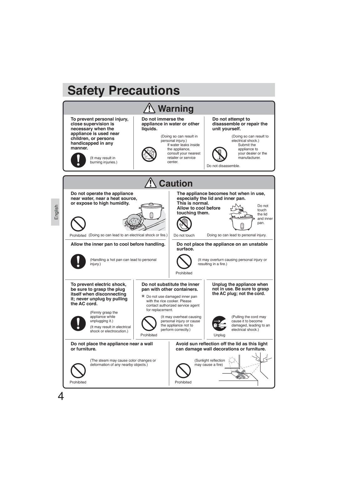 Panasonic SR-GA721 Do not immerse the appliance in water or other liquids, Do not place the appliance near a wall 