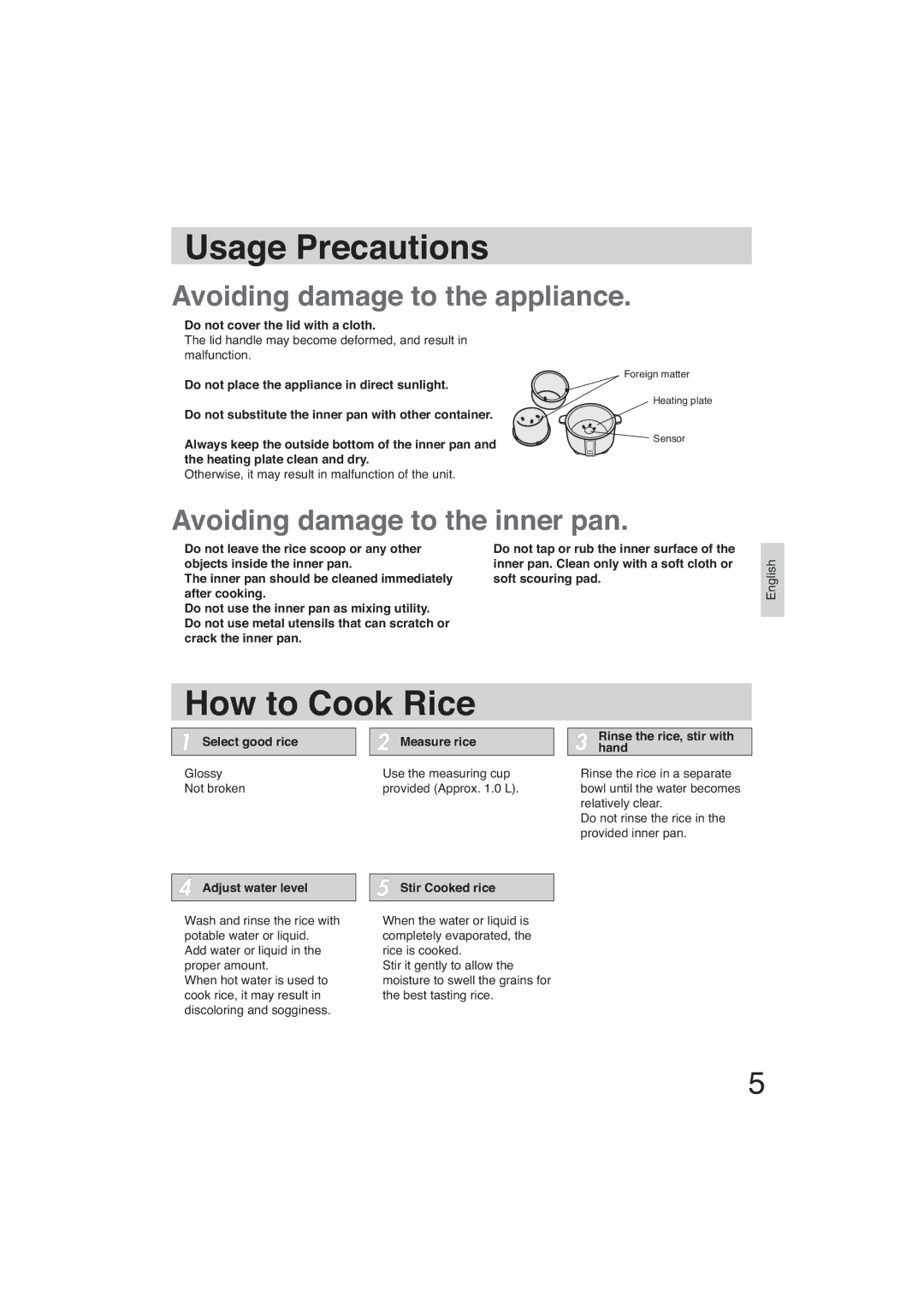 Panasonic SR-GA721 Usage Precautions, How to Cook Rice, Do not cover the lid with a cloth, Select good rice Measure rice 