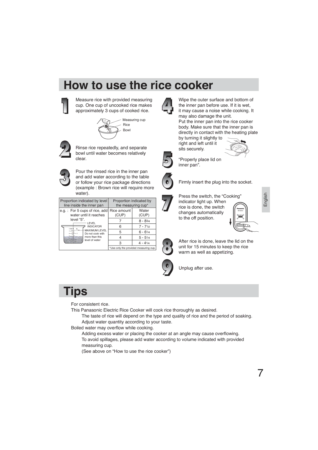 Panasonic SR-GA721 manuel dutilisation How to use the rice cooker, Tips 