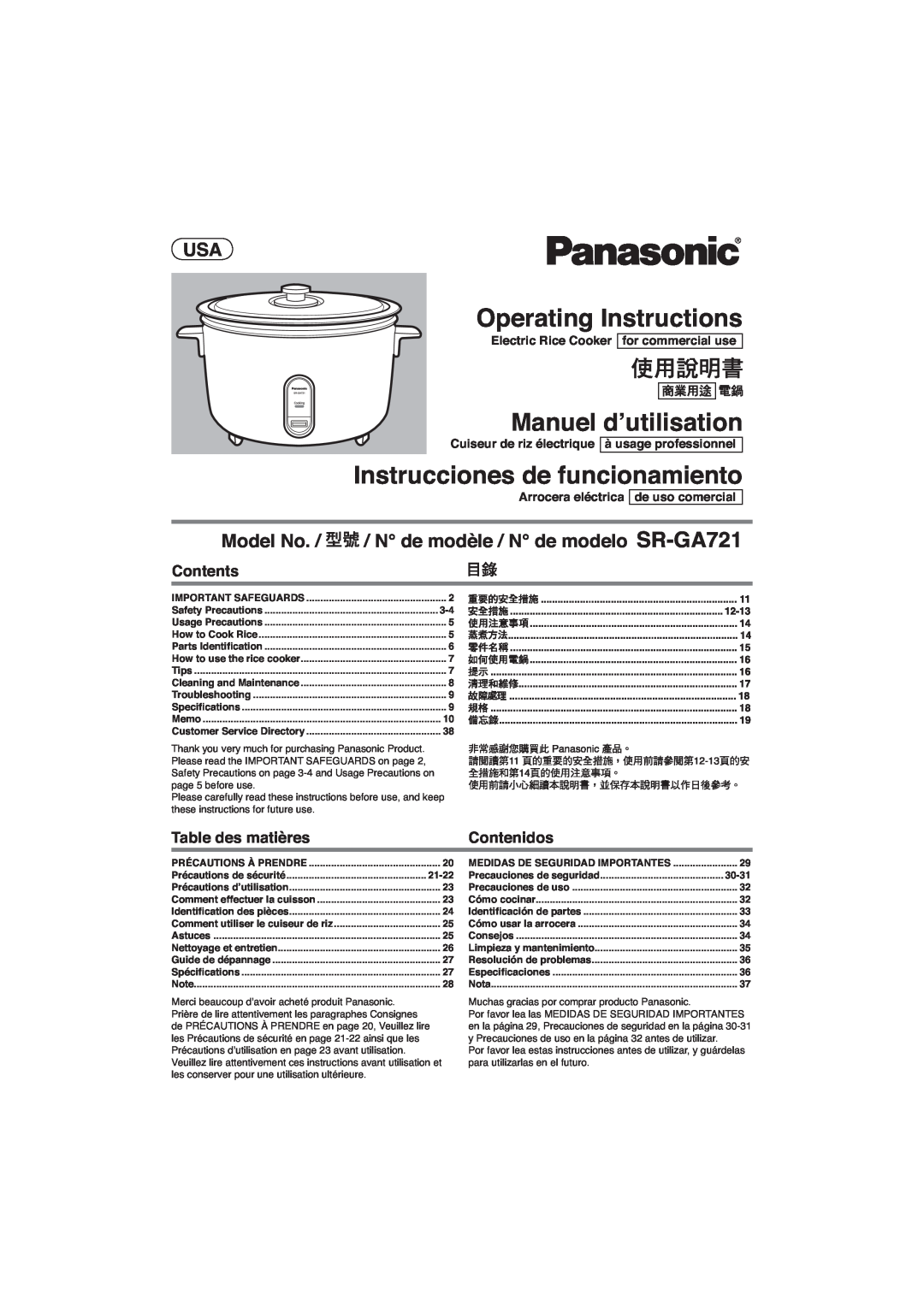 Panasonic SR-GA721 manuel dutilisation Operating Instructions, Manuel d’utilisation, Instrucciones de funcionamiento 