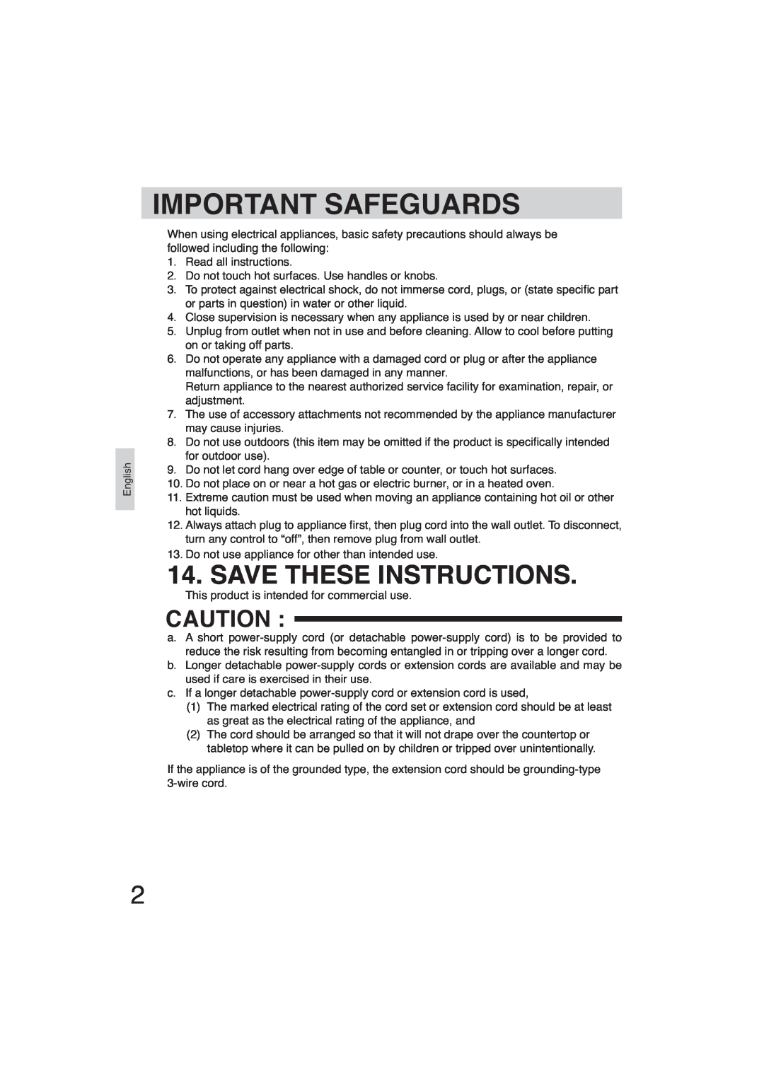Panasonic SR-GA721 manuel dutilisation Important Safeguards, Save These Instructions 