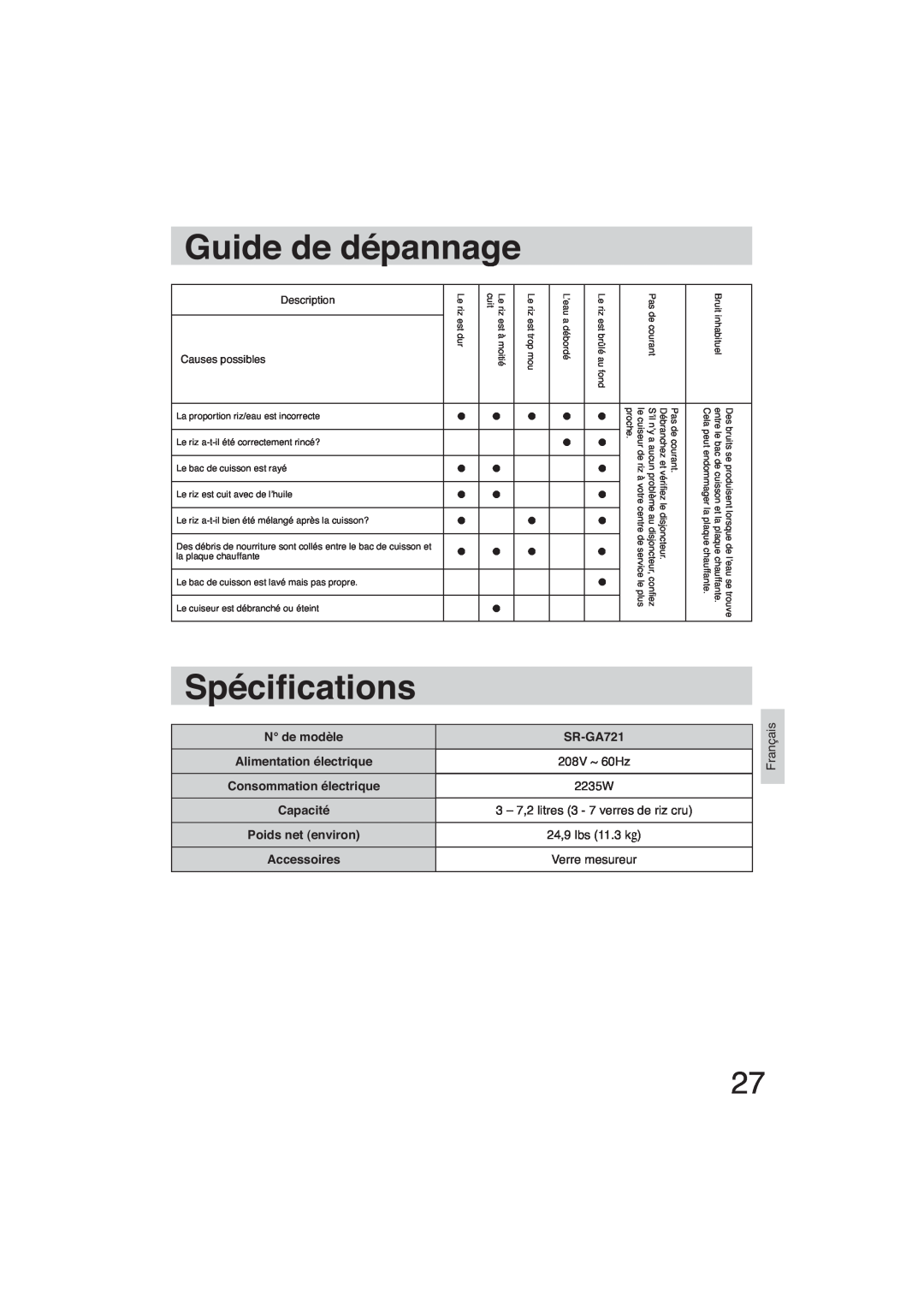 Panasonic SR-GA721 Guide de dépannage, Spéci cations, N de modèle, 2235W, Alimentation électrique, 208V ~ 60Hz, Capacité 