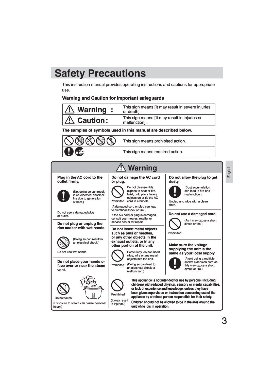 Panasonic SR-GA721 Safety Precautions, Warning and Caution for important safeguards, Do not damage the AC cord or plug 
