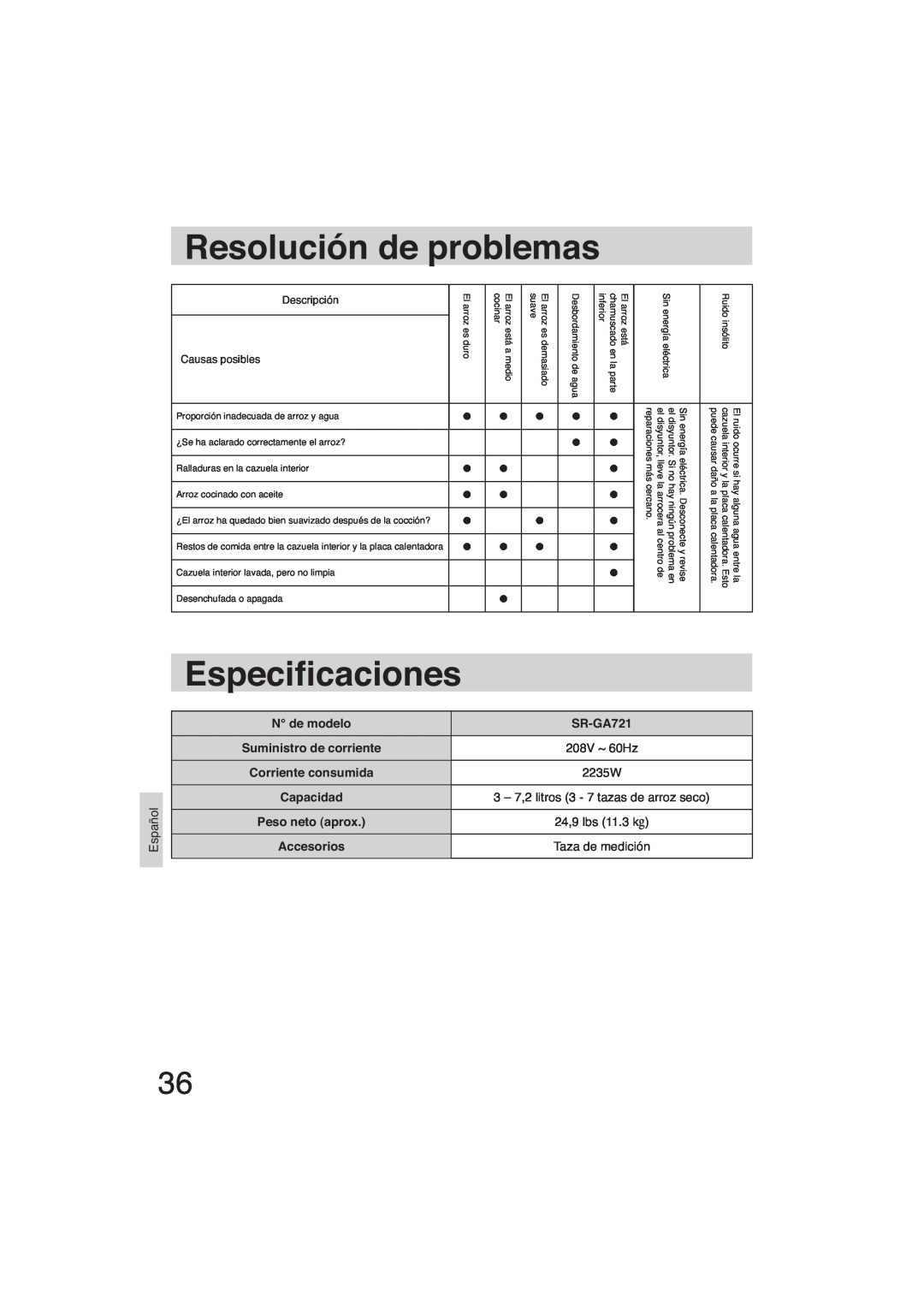 Panasonic SR-GA721 Resolución de problemas, Especi caciones, N de modelo, 2235W, Suministro de corriente, 208V ~ 60Hz 