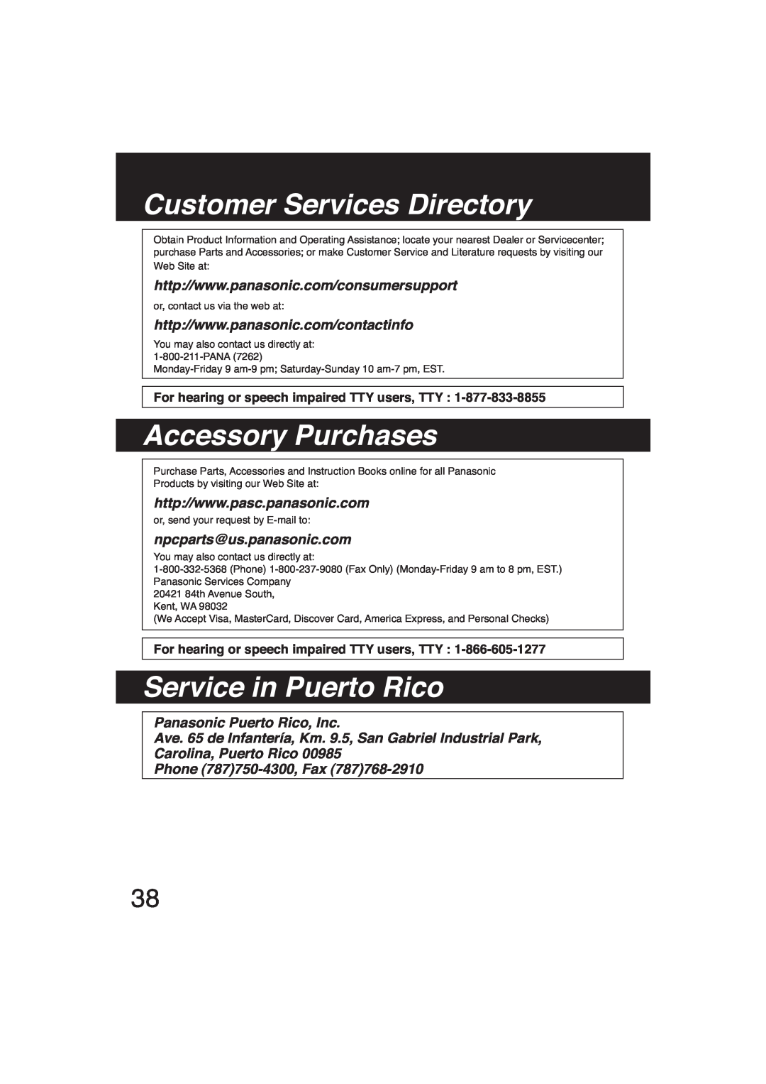 Panasonic SR-GA721 For hearing or speech impaired TTY users, TTY, Customer Services Directory, Accessory Purchases 