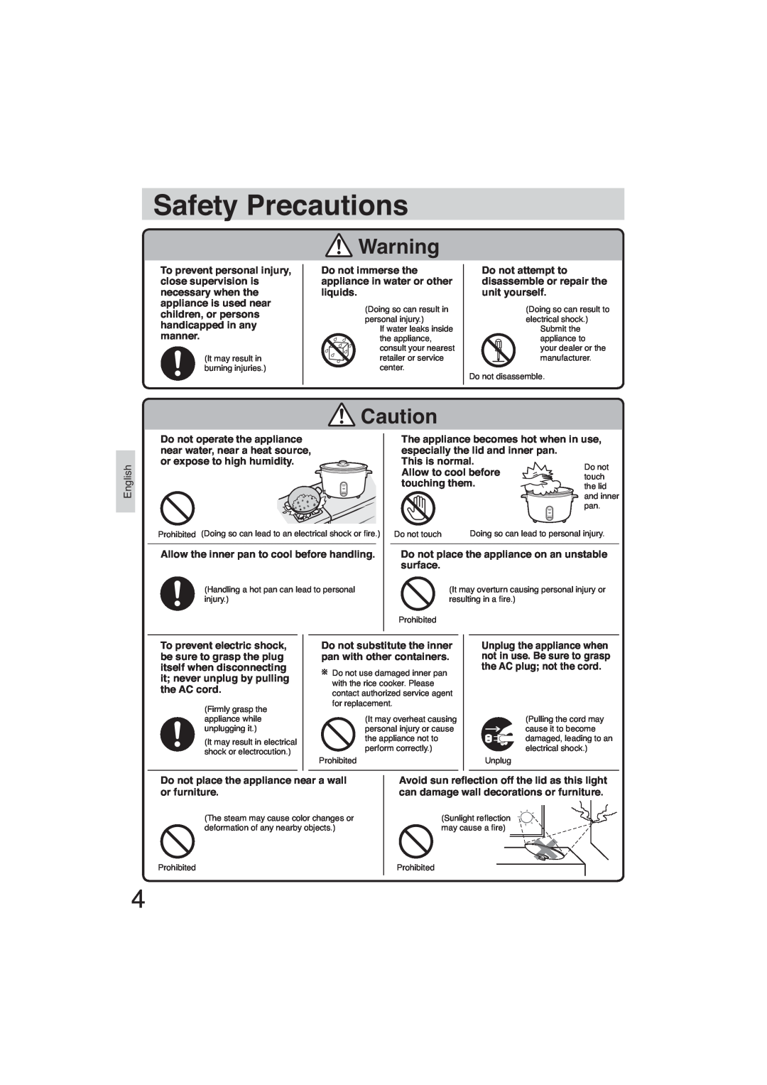 Panasonic SR-GA721 Safety Precautions, Do not immerse the appliance in water or other liquids, or furniture 