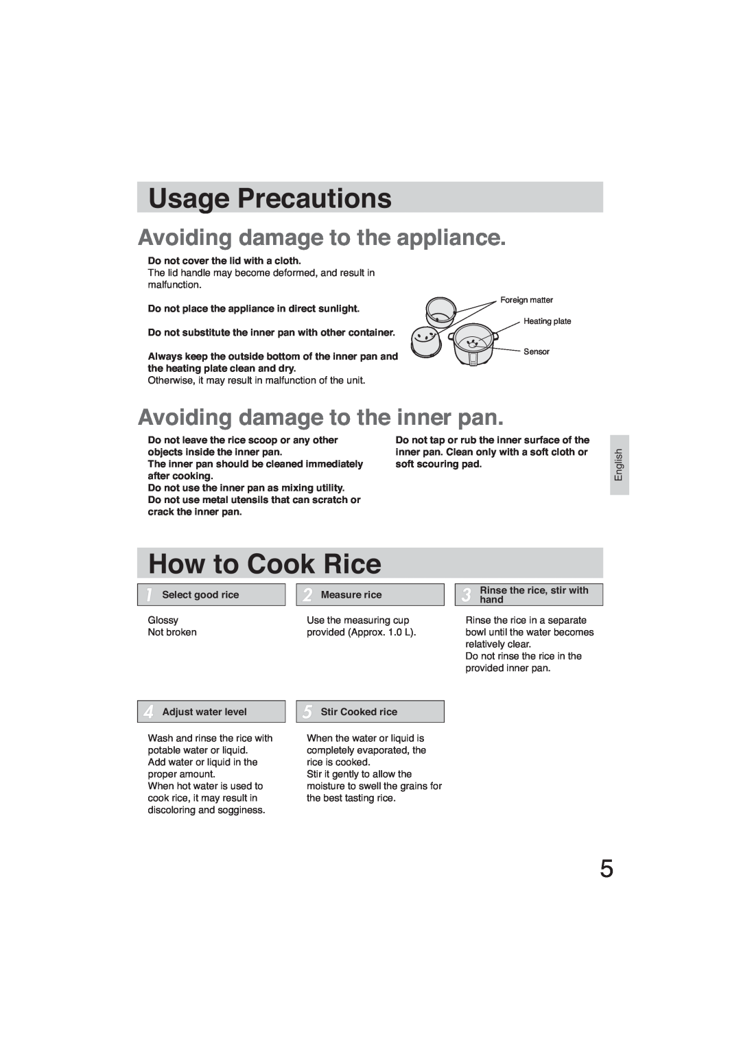 Panasonic SR-GA721 Usage Precautions, How to Cook Rice, Avoiding damage to the appliance, Avoiding damage to the inner pan 