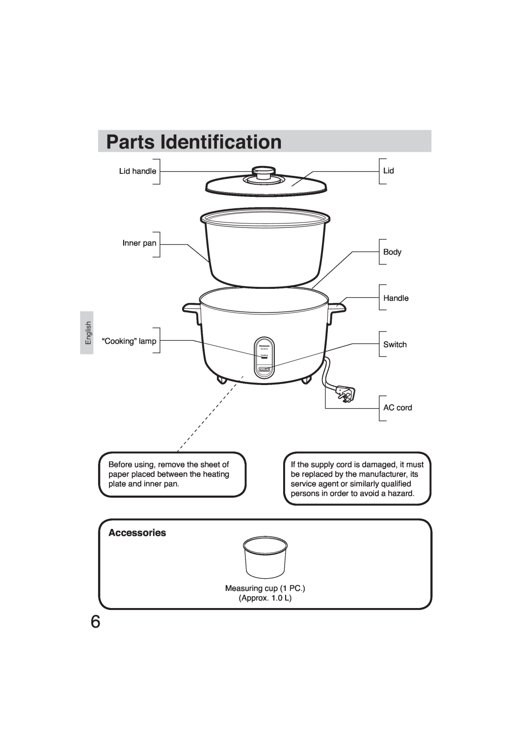 Panasonic SR-GA721 manuel dutilisation Parts Identi cation, Accessories 