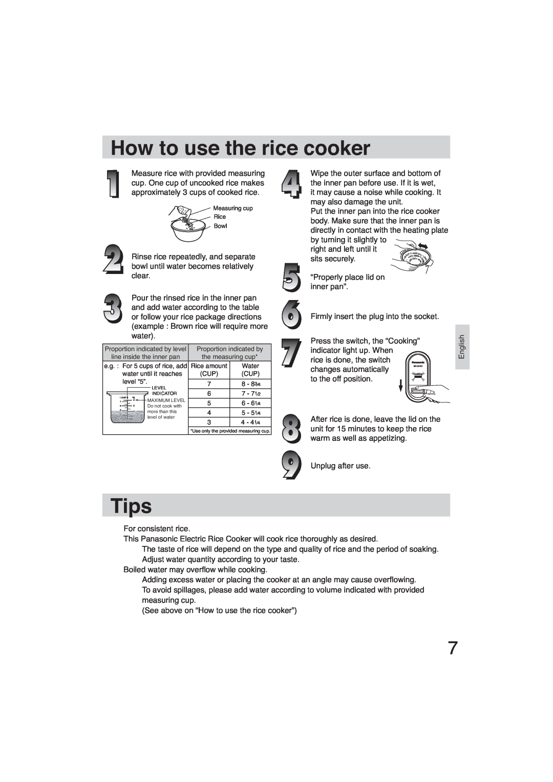 Panasonic SR-GA721 How to use the rice cooker, Tips, the measuring cup, e.g. For 5 cups of rice, add, Rice amount 