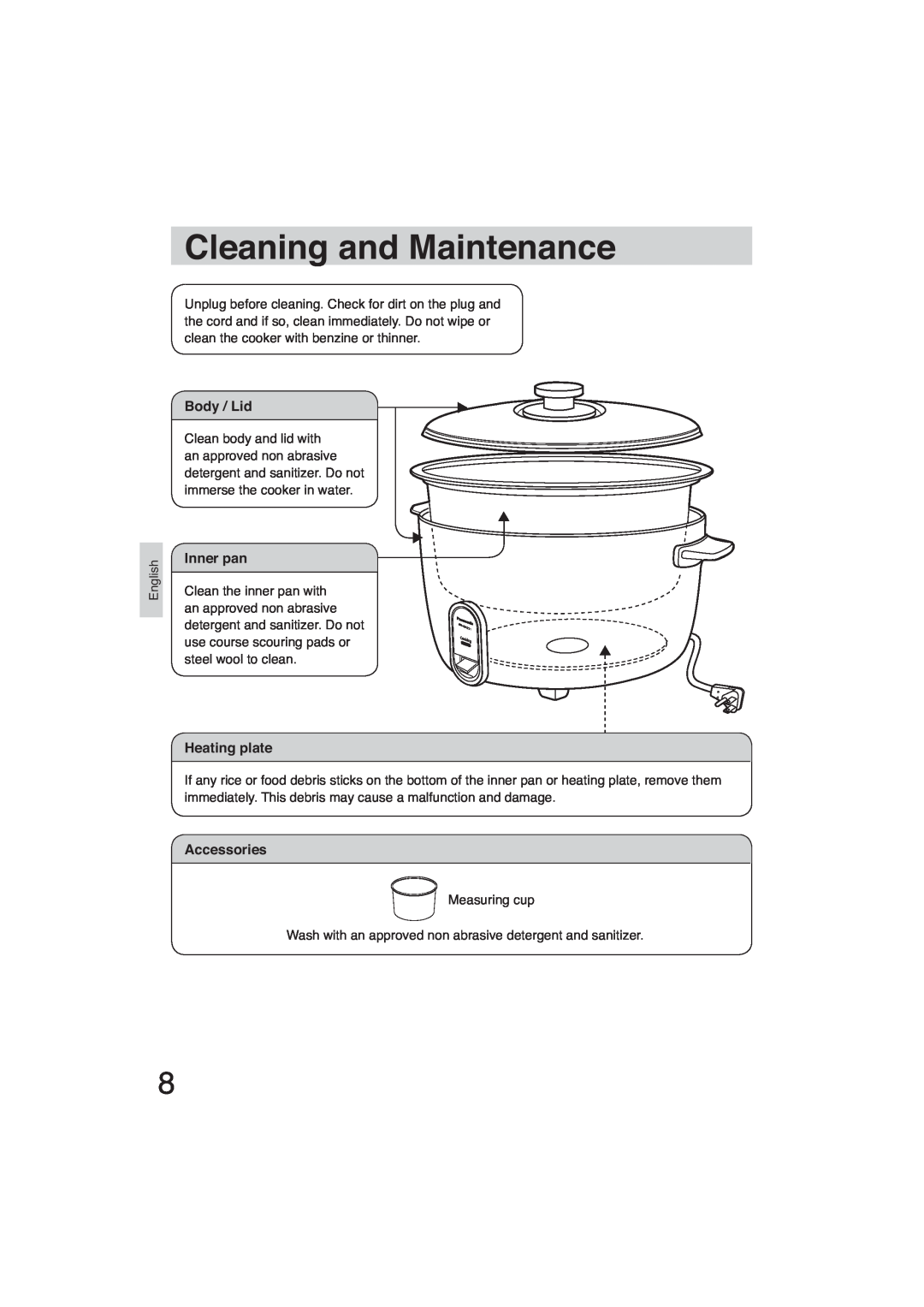 Panasonic SR-GA721 manuel dutilisation Cleaning and Maintenance, Body / Lid, Inner pan, Heating plate, Accessories 