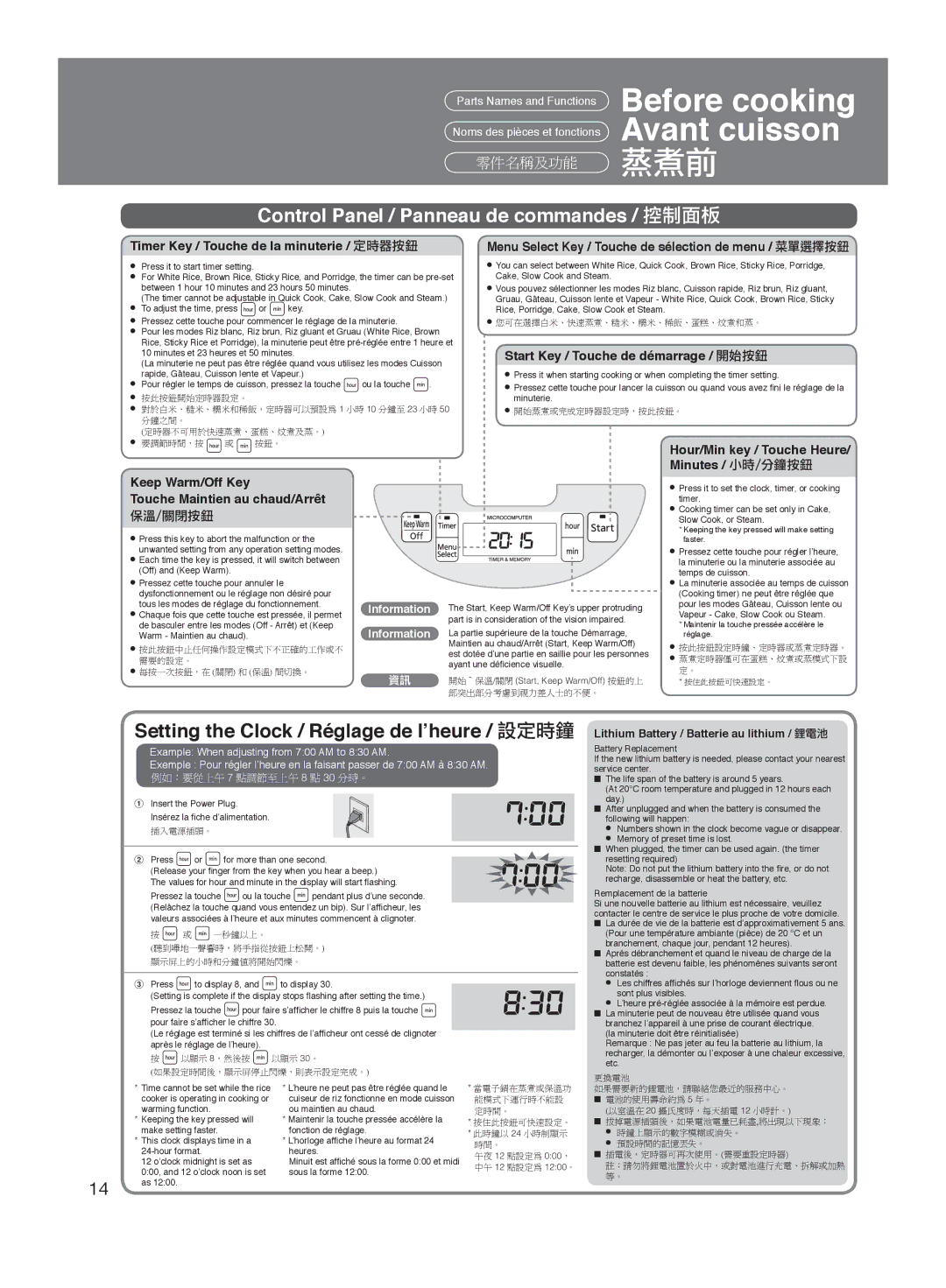 Panasonic SR-MGS102 Timer Key / Touche de la minuterie / 定時器按鈕, Start Key / Touche de démarrage / 開始按鈕, Minutes / 小時/分鐘按鈕 