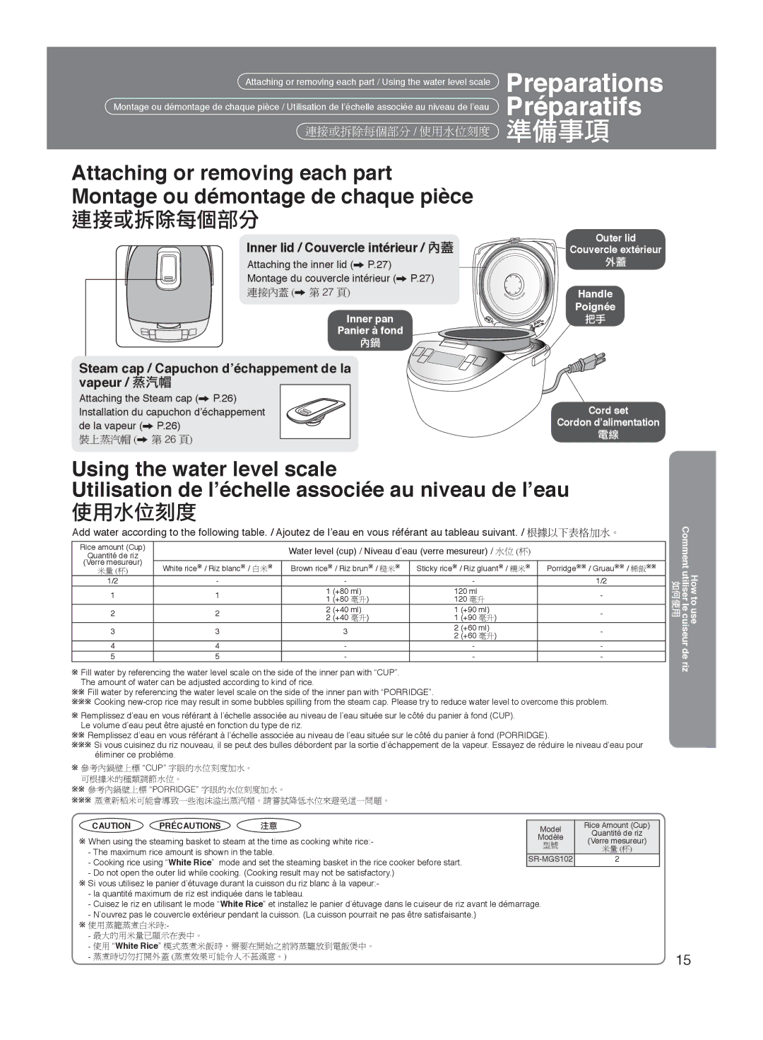 Panasonic SR-MGS102 specifications 準備事項, Inner lid / Couvercle intérieur / 內蓋 