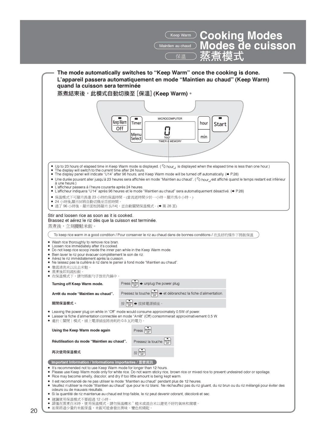 Panasonic SR-MGS102 specifications 徹底清洗米以出去米麩。 蒸煮後即刻疏松飯。 在保溫模式下，請勿將飯勺子放在內鍋中。, Turning off Keep Warm mode, ∆ 拔掉電源插座。 