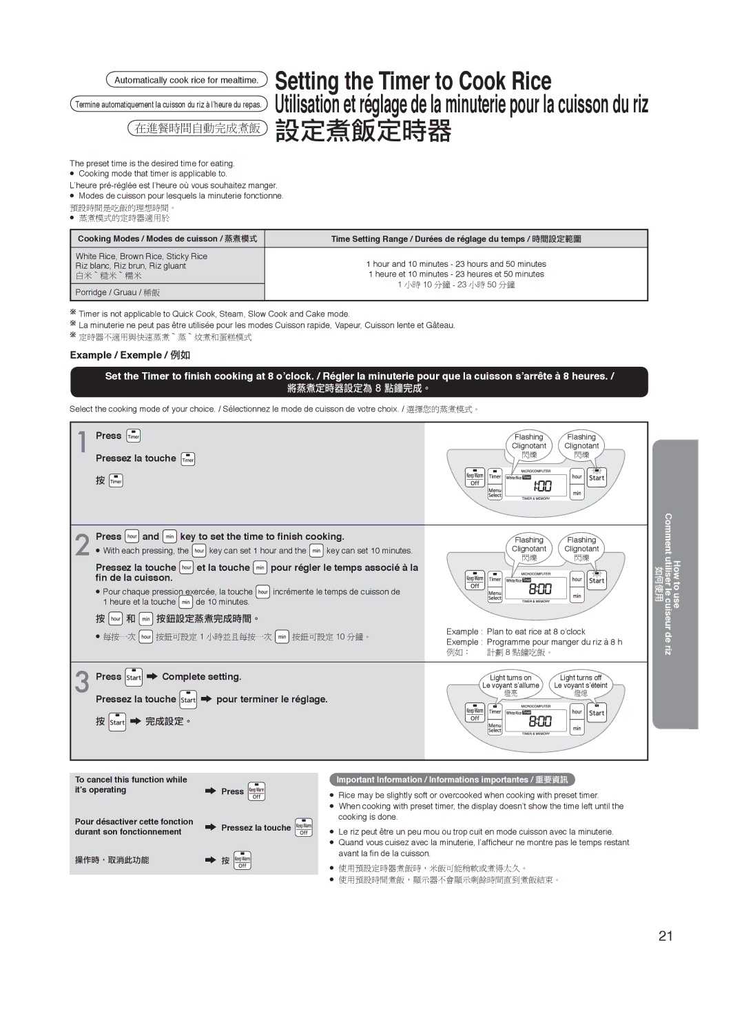 Panasonic SR-MGS102 specifications Example / Exemple / 例如, Time Setting Range / Durées de réglage du temps / 時間設定範圍 