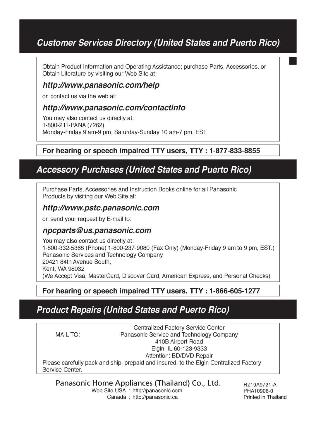 Panasonic SR-MGS102 specifications Accessory Purchases United States and Puerto Rico 