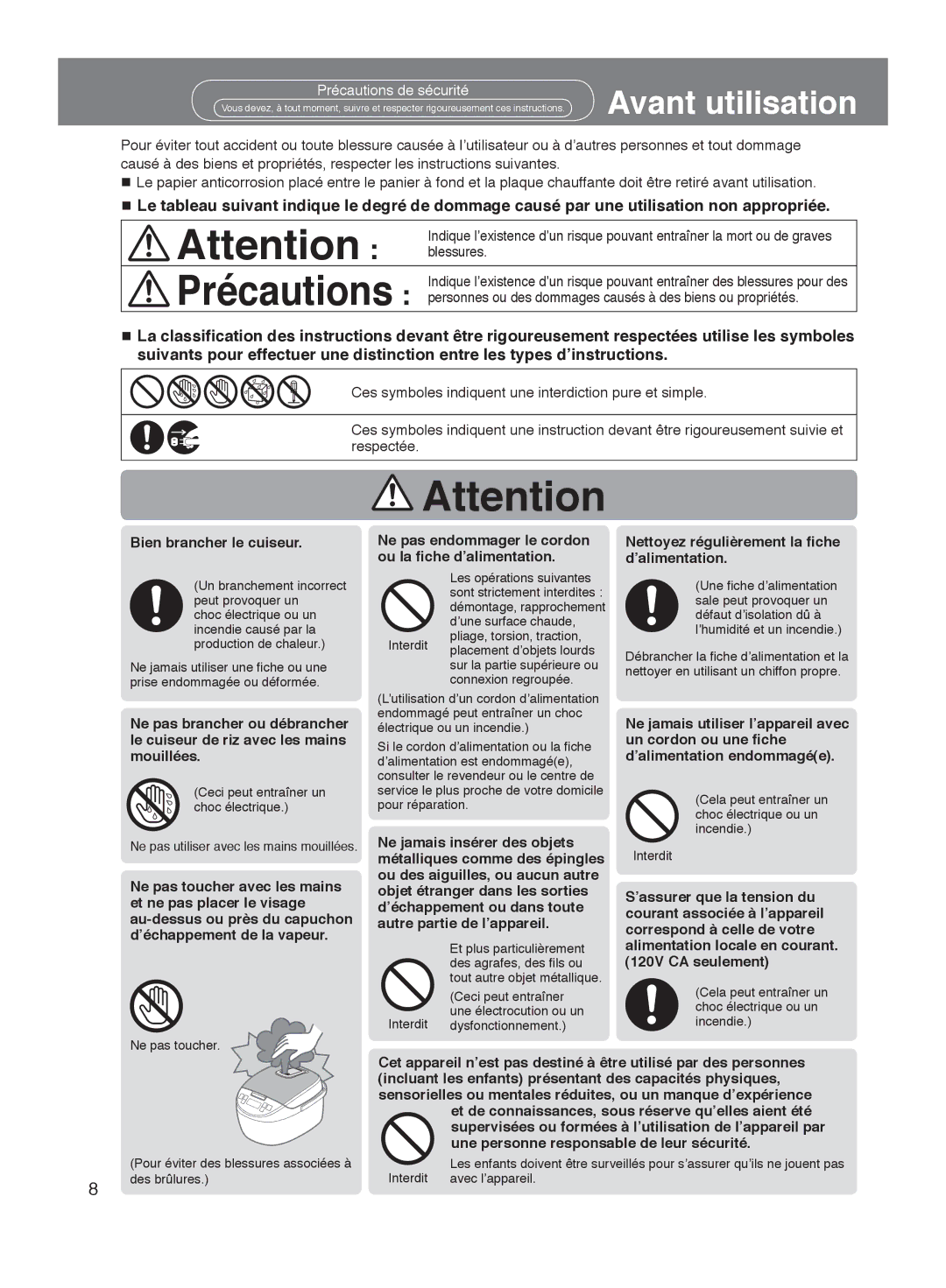 Panasonic SR-MGS102 specifications Précautions 