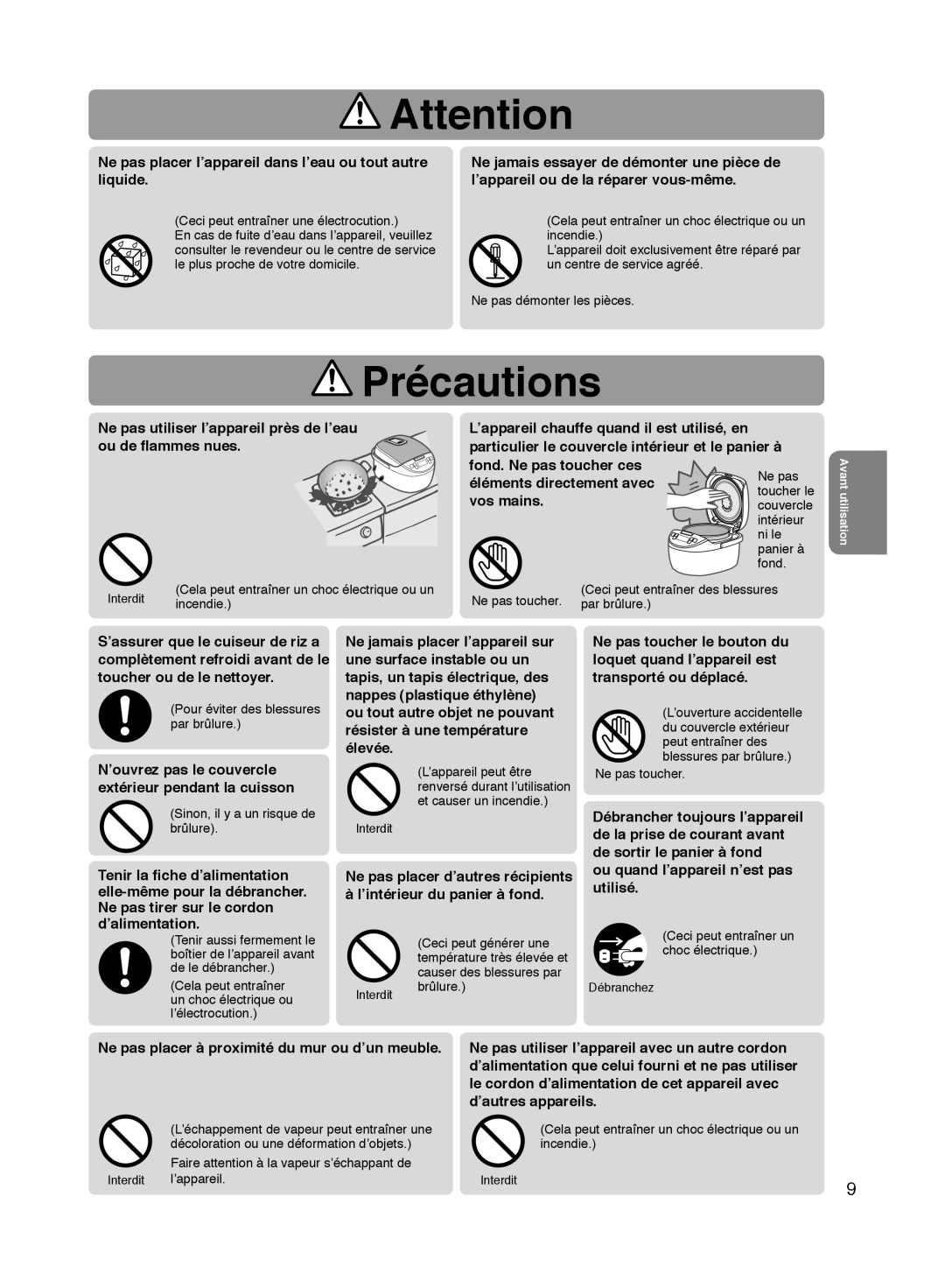 Panasonic SR-MGS102 specifications Précautions 