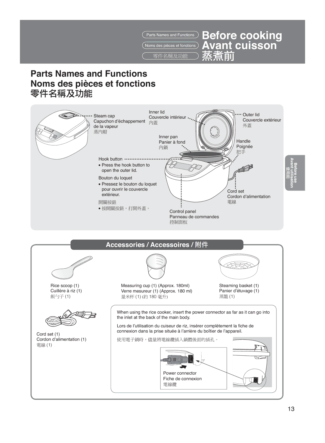 Panasonic SR-MS182, SR-MS102 manual Before cooking Avant cuisson, Parts Names and Functions Noms des pièces et fonctions 