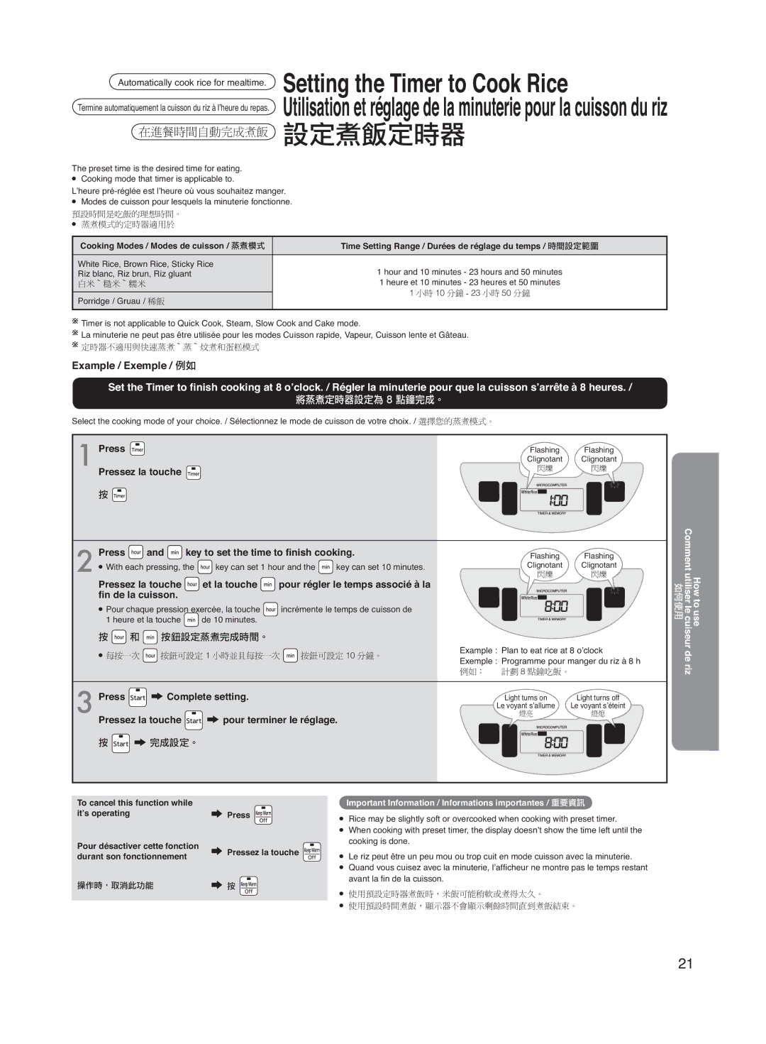 Panasonic SR-MS182, SR-MS102 manual Setting the Timer to Cook Rice, Example / Exemple 