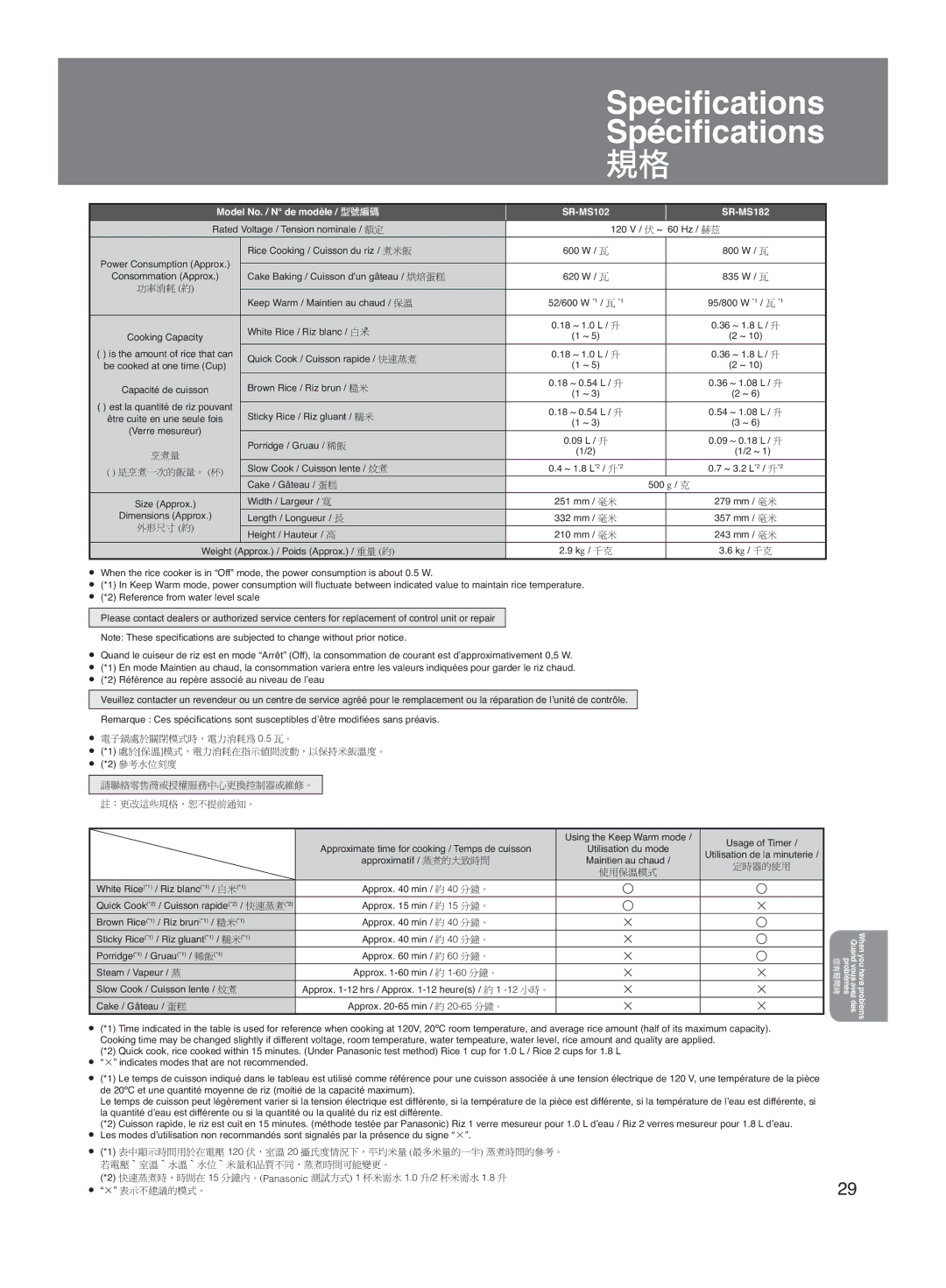 Panasonic manual Speciﬁcations Spéciﬁcations, Model No. / N de modèle SR-MS102 SR-MS182 