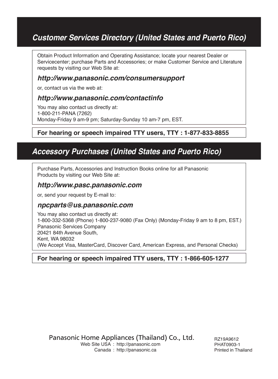 Panasonic SR-MS102, SR-MS182 manual Accessory Purchases United States and Puerto Rico 