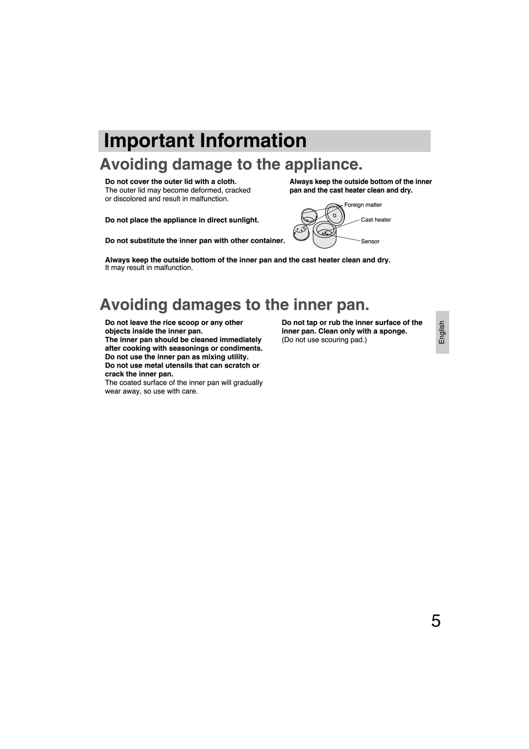 Panasonic SR-TEG18, SR-TEG10 manuel dutilisation Important Information 