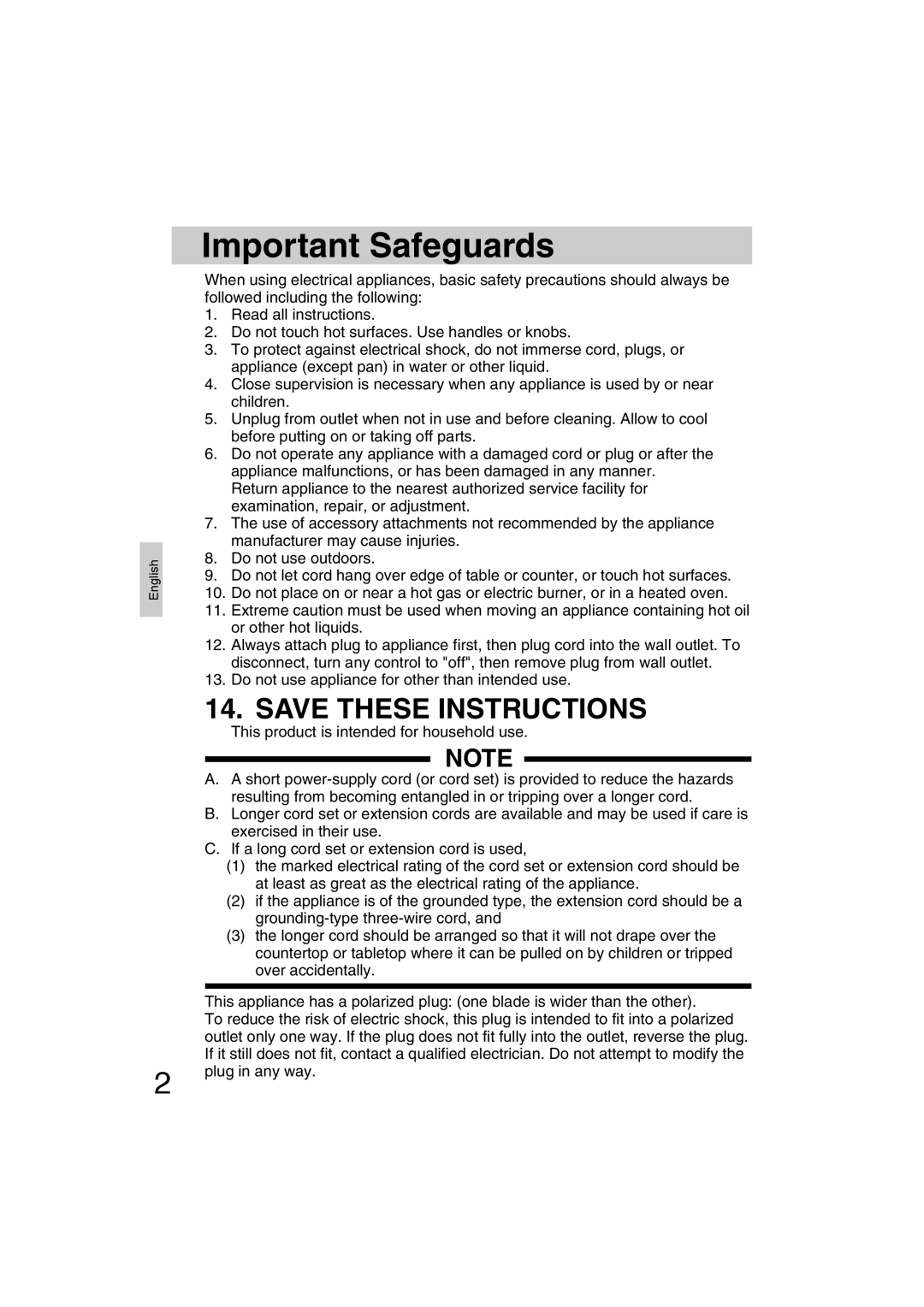 Panasonic SR-TEG10, SR-TEG18 manuel dutilisation Important Safeguards, Save These Instructions 