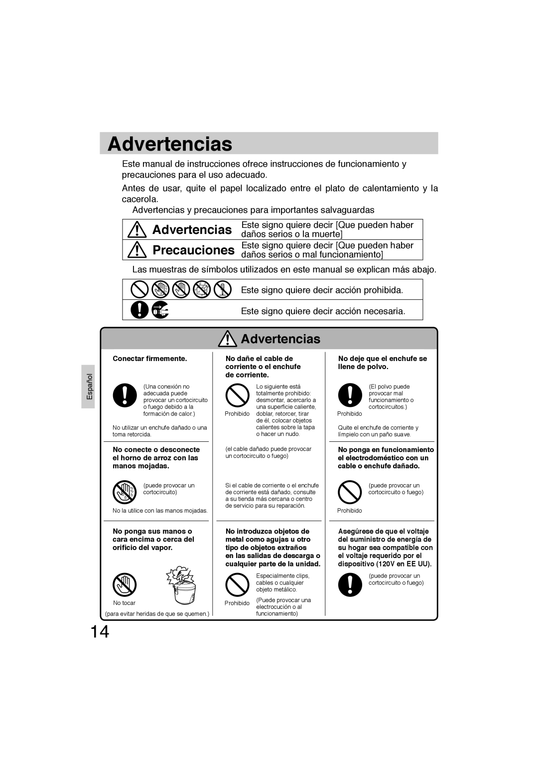 Panasonic SR-TEL18 manual Advertencias, Conectar ﬁrmemente, No deje que el enchufe se llene de polvo 