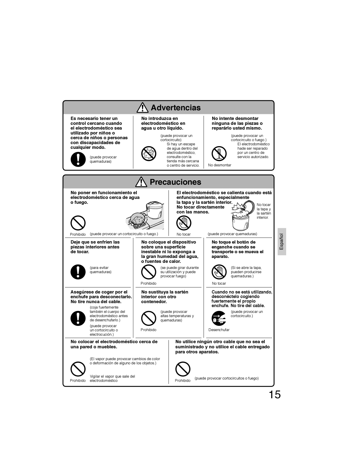 Panasonic SR-TEL18 manual Deje que se enfríen las piezas interiores antes de tocar 