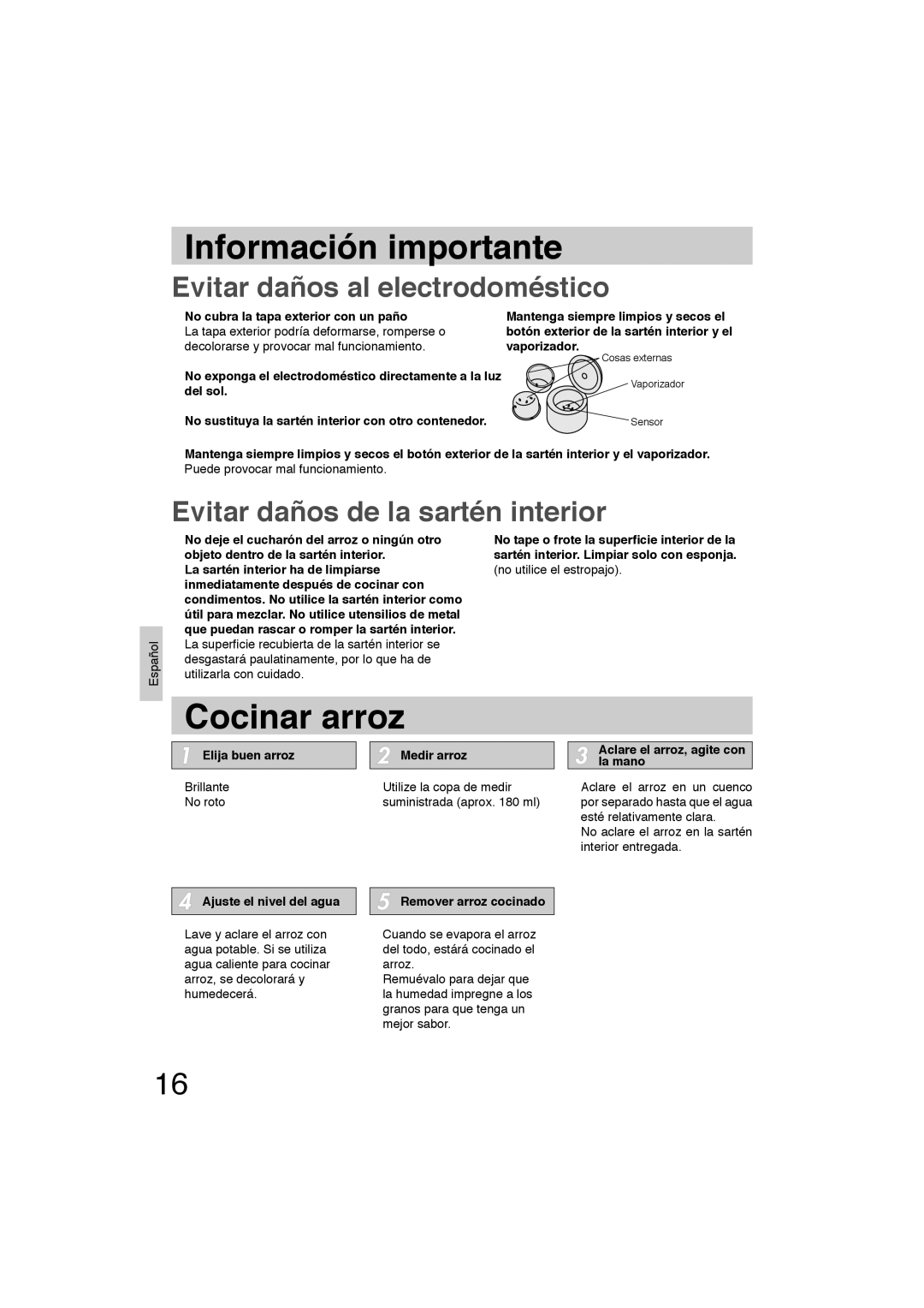 Panasonic SR-TEL18 manual Información importante, Cocinar arroz 