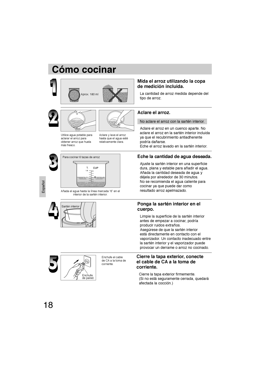 Panasonic SR-TEL18 manual Cómo cocinar, Mida el arroz utilizando la copa de medición incluida 