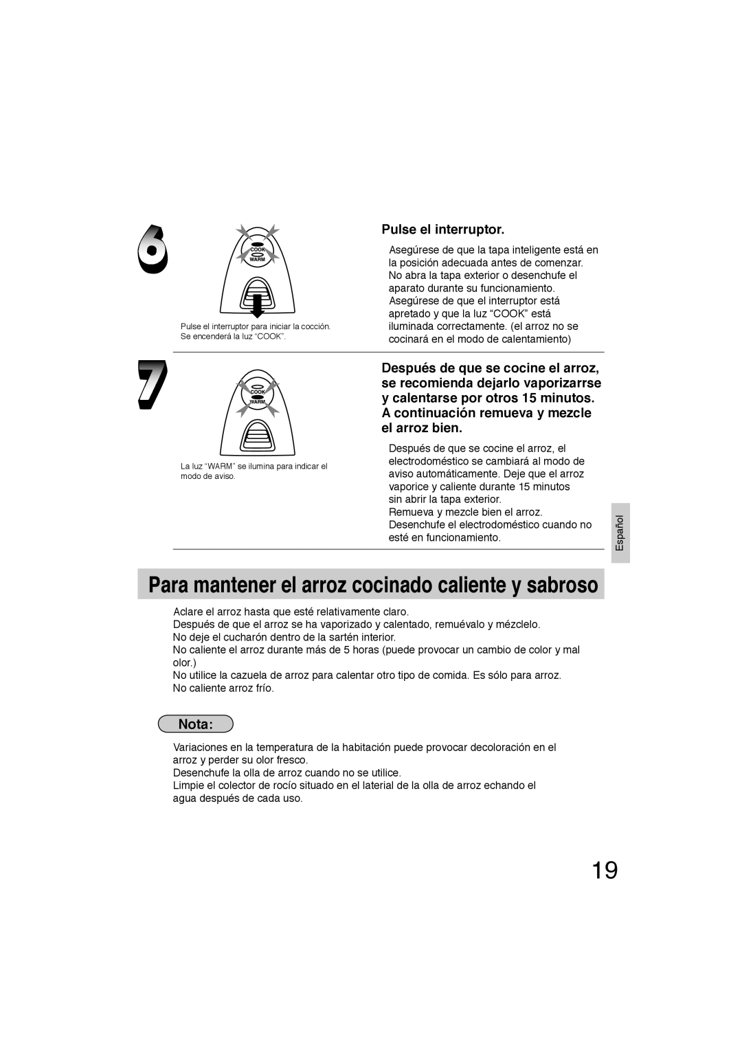 Panasonic SR-TEL18 manual Para mantener el arroz cocinado caliente y sabroso 