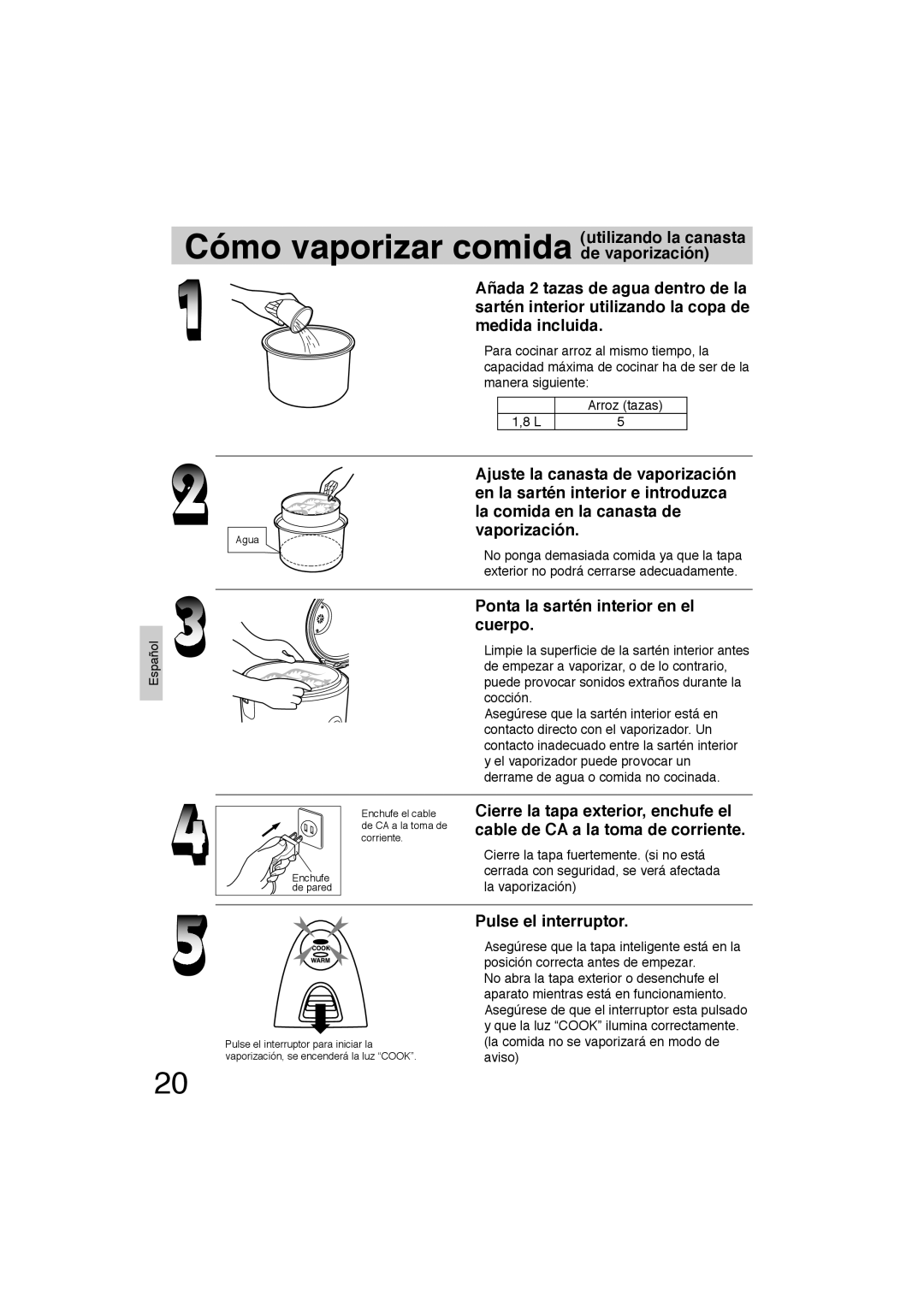 Panasonic SR-TEL18 manual Ponta la sartén interior en el cuerpo 