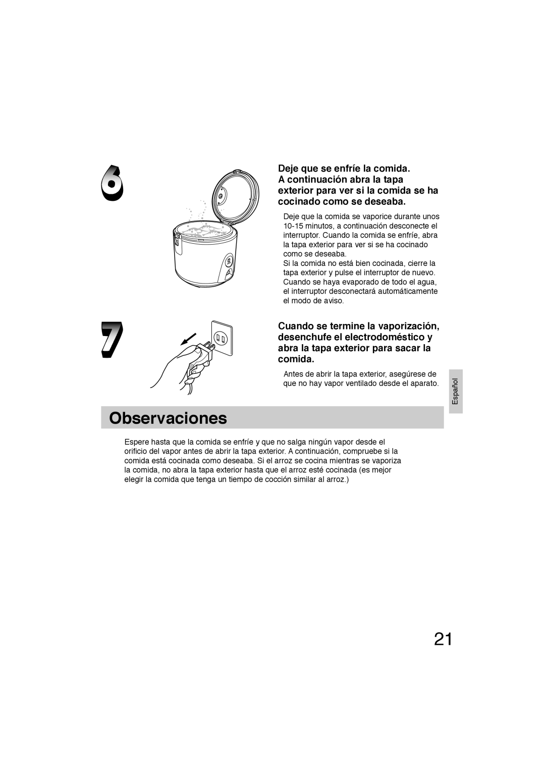 Panasonic SR-TEL18 manual Observaciones 