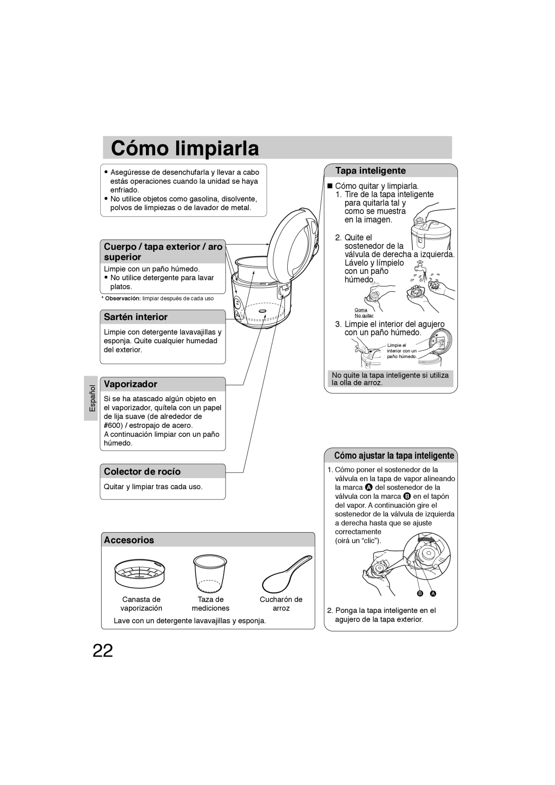 Panasonic SR-TEL18 manual Cómo limpiarla, Cuerpo / tapa exterior / aro superior 