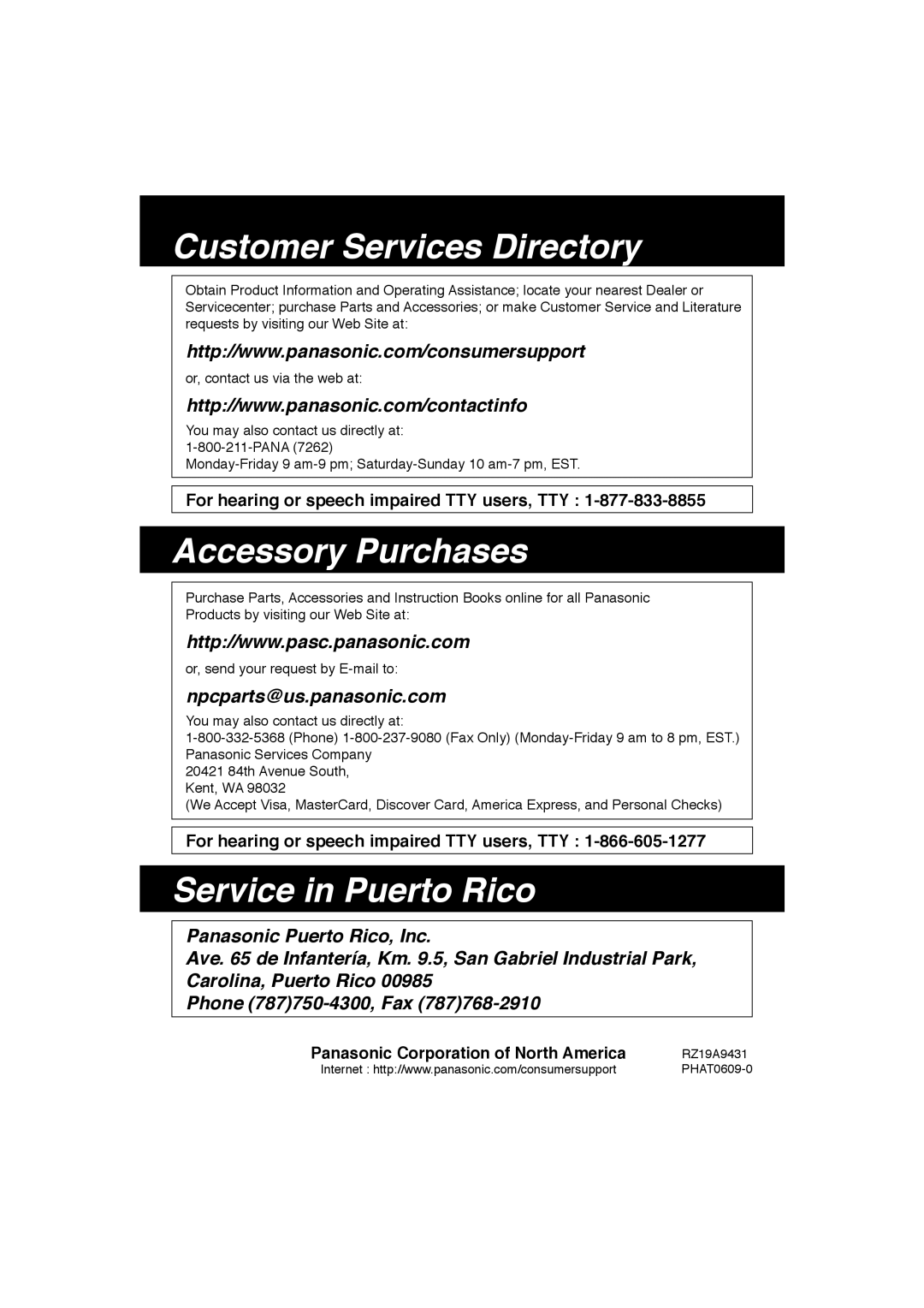 Panasonic SR-TEL18 manual Customer Services Directory 