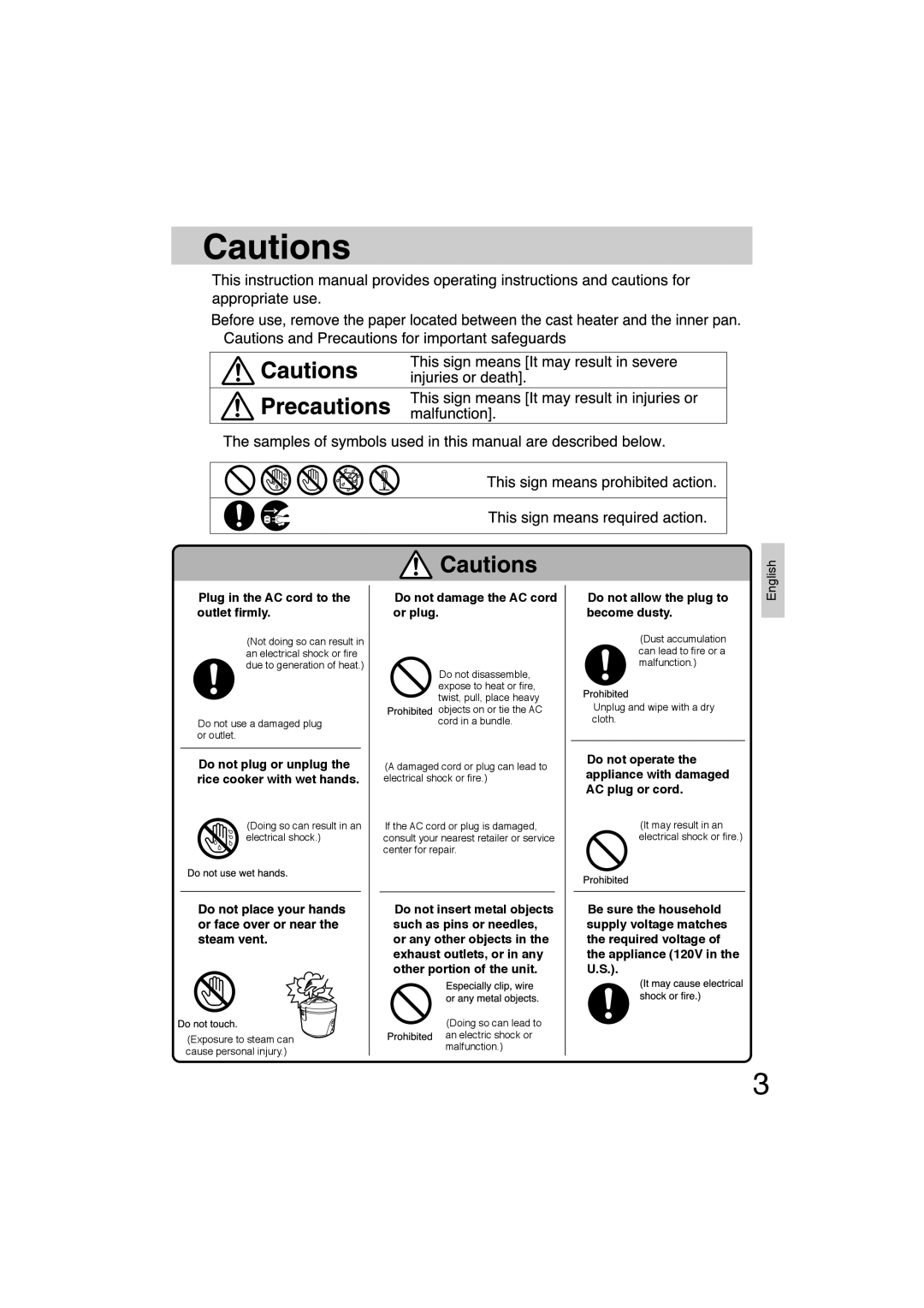 Panasonic SR-TEL18 manual Plug in the AC cord to the outlet ﬁrmly, English, Do not allow the plug to Become dusty 