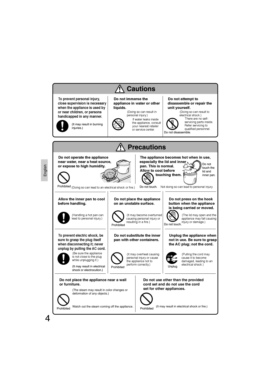 Panasonic SR-TEL18 manual Do not immerse the appliance in water or other liquids 