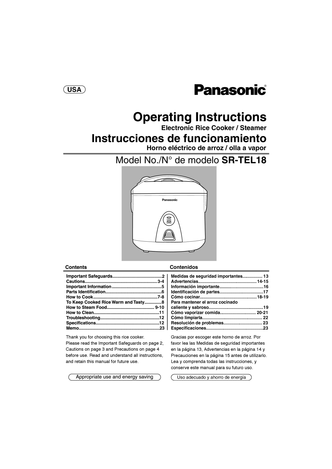 Panasonic manual Instrucciones de funcionamiento, Model No./N de modelo SR-TEL18, USA Electronic Rice Cooker / Steamer 