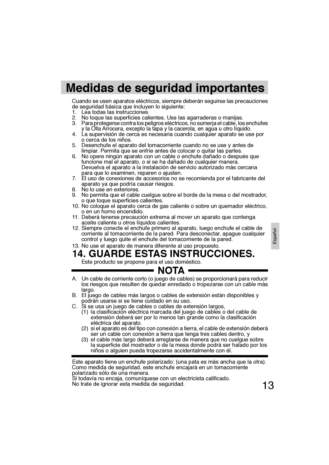 Panasonic SR-TEL18 manual Medidas de seguridad importantes, Guarde Estas Instrucciones, Nota 