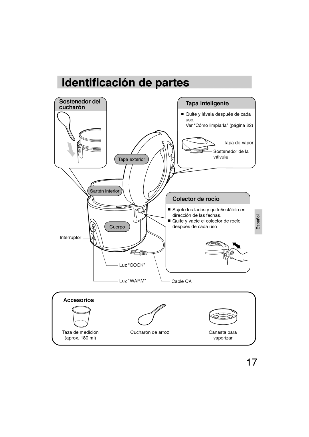 Panasonic SR-TEL18 manual Identiﬁcación de partes, Sostenedor del cucharón, Tapa inteligente, Colector de rocío, Accesorios 