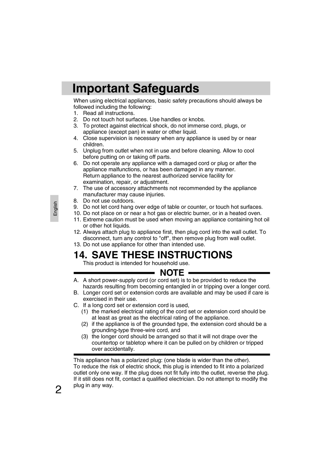 Panasonic SR-TEL18 manual Important Safeguards, Save These Instructions 