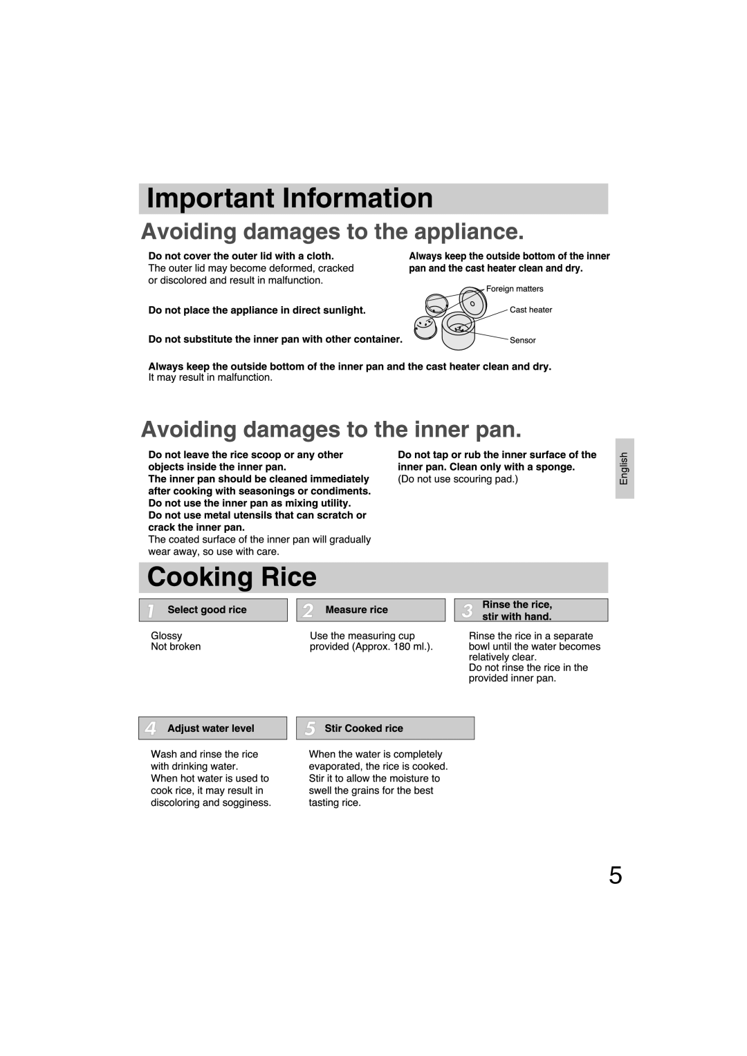 Panasonic SR-TEL18 manual Important Information, English 