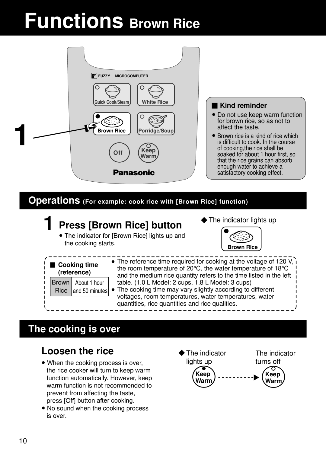 Panasonic SR/DF181 Functions Brown Rice, Press Brown Rice button, The cooking is over, Loosen the rice, Kind reminder 