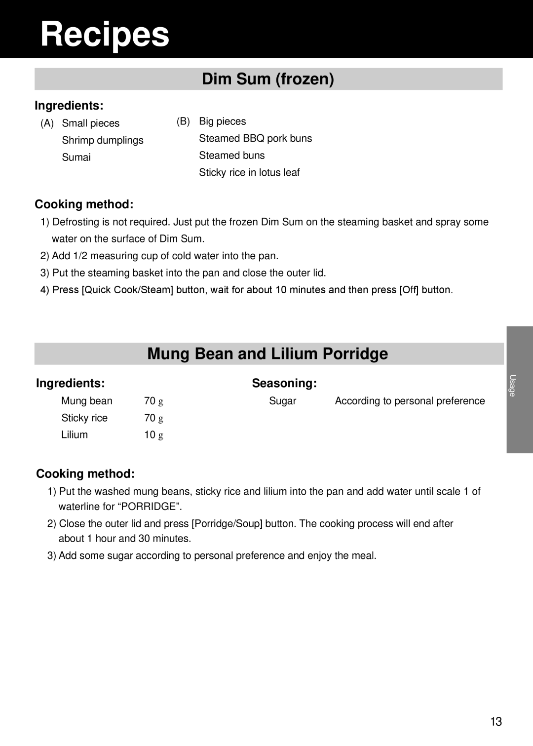 Panasonic SR/DF181 Dim Sum frozen, Mung Bean and Lilium Porridge, Recipes, Ingredients, Cooking method, Seasoning 