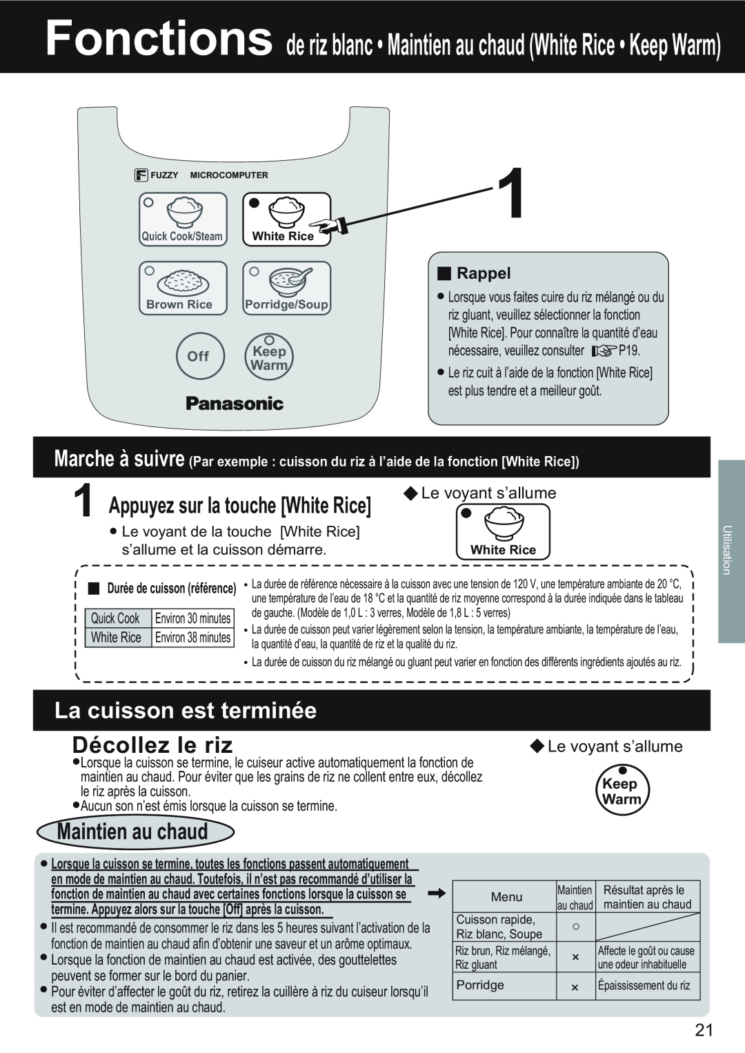 Panasonic SR/DF181 Décollez le riz, Fonctions de riz blanc‡Maintien au chaud White Rice‡Keep Warm, Off Keep Warm 