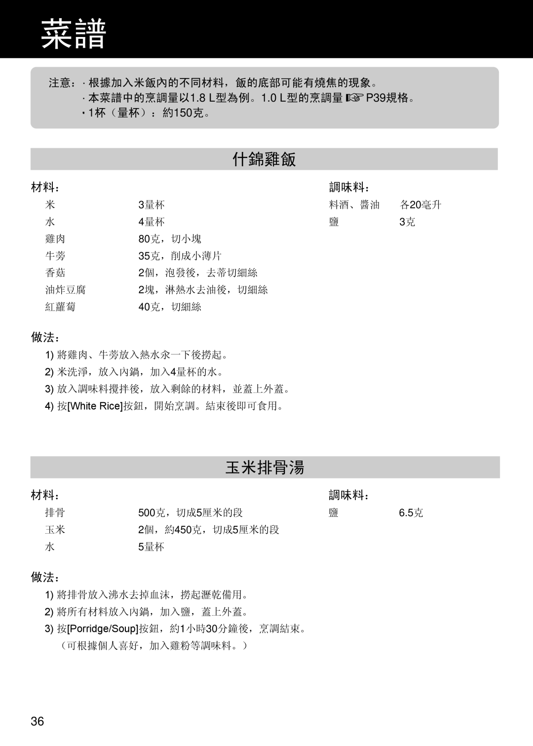 Panasonic SR/DF181 specifications 什錦雞飯, 玉米排骨湯, 調味料： 