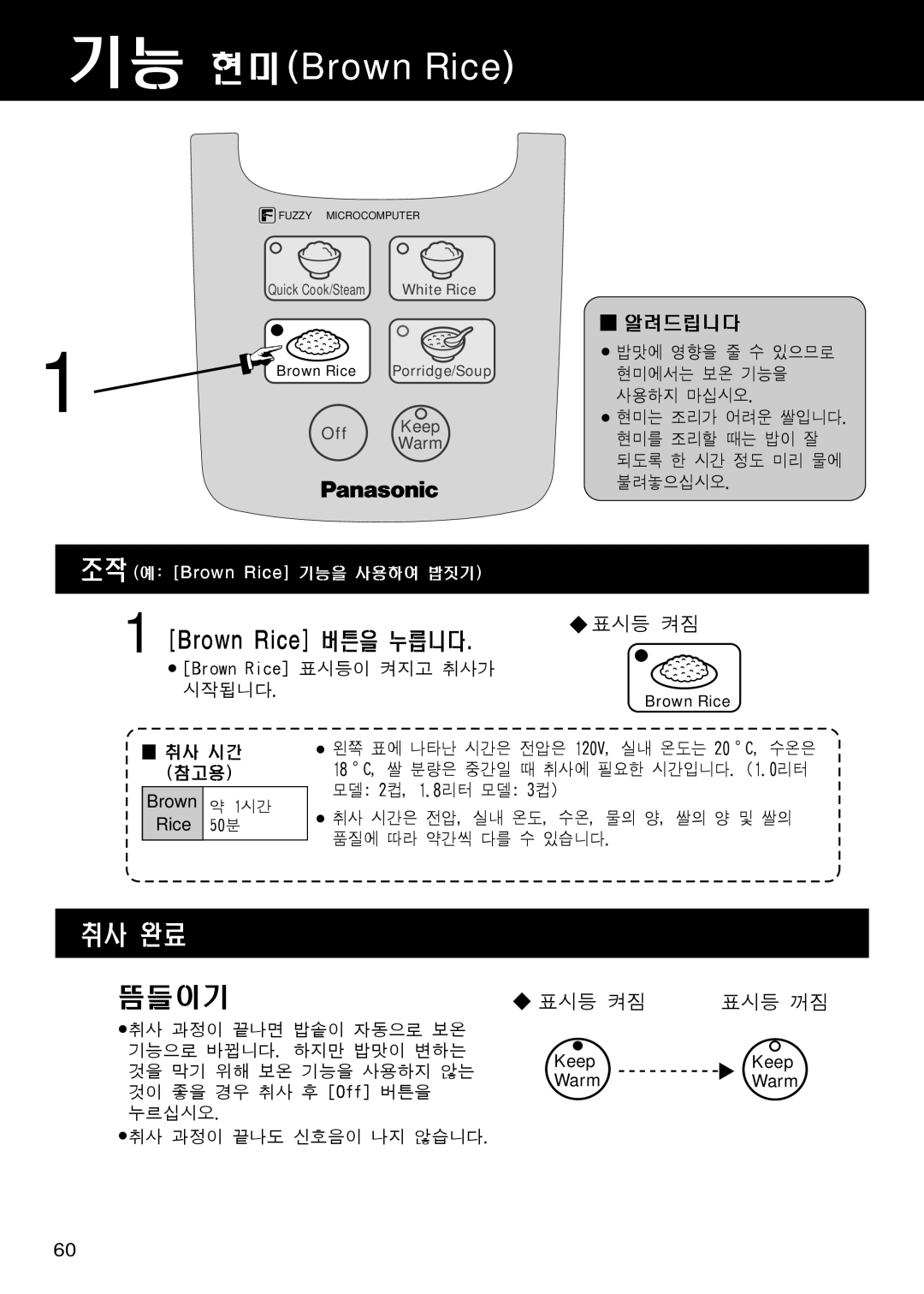 Panasonic SR/DF181 specifications 기능 현미Brown Rice, Brown Rice 버튼을 누릅니다, 취사 완료, 뜸들이기, 알려드립니다, 표시등 켜짐, 표시등 꺼짐, Off Keep Warm 