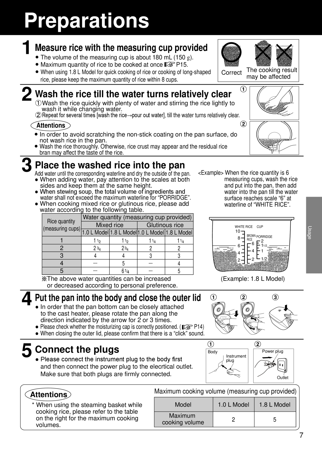 Panasonic SR/DF181 specifications Preparations, Place the washed rice into the pan, Connect the plugs, Attentions 